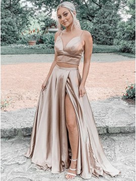 Champagne Split Long Prom Dress