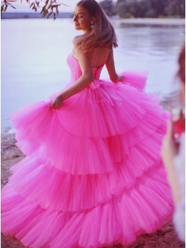 Pink Tiered Long Prom Dress