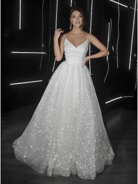 A-Line V-Neck Sleeveless Zipper-up Sequins Wedding Dress with Sweep Train