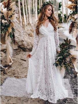A-Line White Lace Wedding Dress with Long Sleeves