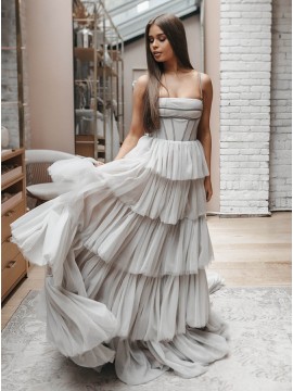 Long Light Grey Prom Dress with Tiered Unique Wedding Dress