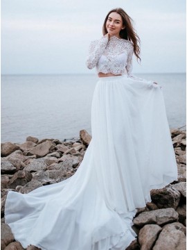 Two Piece Lace Chiffon Beach Wedding Dress with Long Sleeves