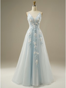 A-Line Long Tulle Light Blue Prom Dress