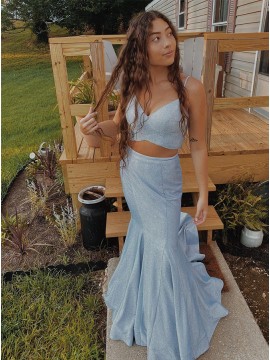 Glitter Light Blue Long Mermaid Prom Dress