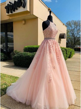 Appliques Long Pink Prom Dress