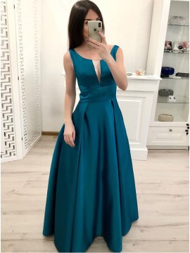 Turquoise Long Prom Dress Satin Sleeveless Simple Party Dress