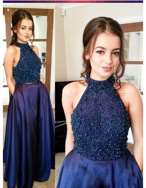 Two Piece A-Line Halter Navy Blue Beaded Satin Prom Dress
