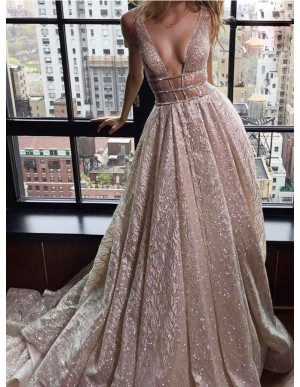 A-Line Deep V-Neck Long Backless Champagne Prom Dress with Sequin