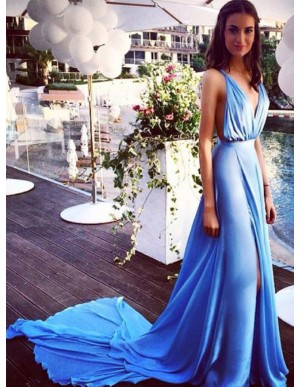 A-Line Deep V-Neck Split Front Long Blue Backless Prom Dress with Pleats
