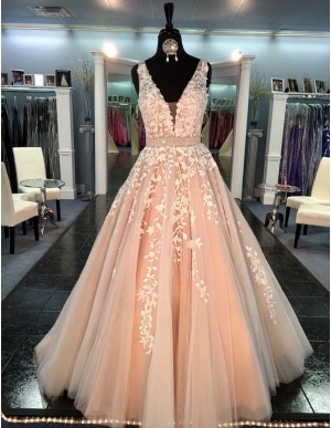 A-line V-neck Sweep Train Peach Prom Dress with Appliques