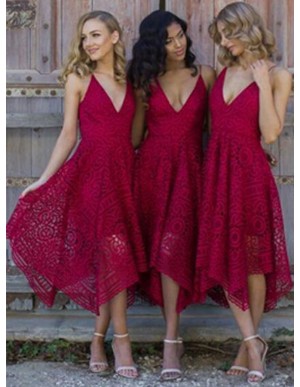 A-Line Spaghetti Straps Asymmetrical Burgundy Lace Bridesmaid Dress