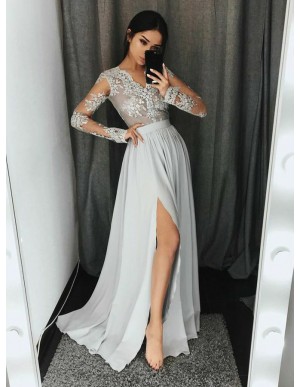 A-Line V-Neck Long Sleeves Light Gray Prom Dress with Appliques