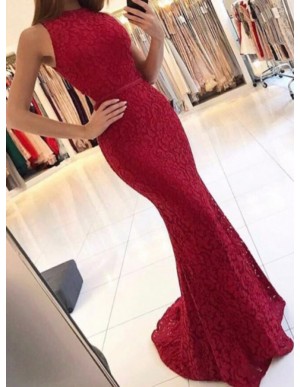 Mermaid Round Neck Sweep Train Red Lace Prom Dress Cut-Out