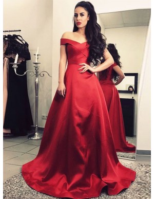 A-Line Off-the-Shoulder Floor-Length Dark Red Prom Dress  
