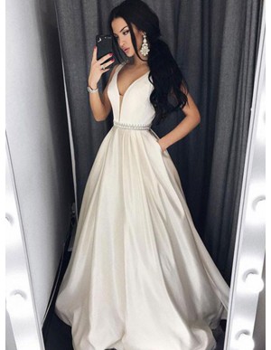 A-Line V-Neck Ivory Satin Beaded Long Simple Prom Dress with Pockets