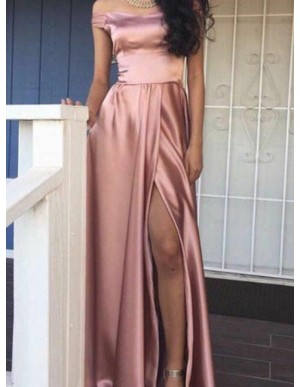 A-Line Off-the-Shoulder Slit Legs Simple Blush Prom Dress