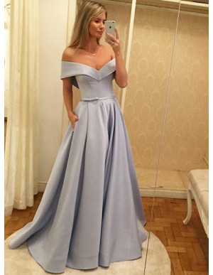 A-Line Off-the-Shoulder Light Blue Satin Prom Dress with Sash Pockets