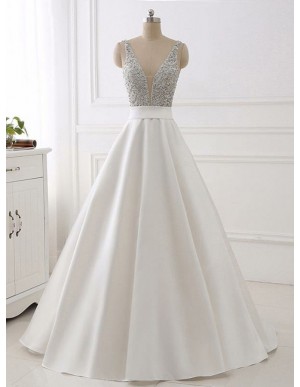 Elegant A-Line Deep V-Neck Long Backless White Prom Dress with Beading 
