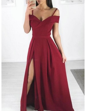 A-Line Spaghetti Straps Simple Dark Red Prom Dress with Split