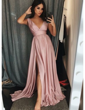 A-Line V-Neck Sweep Train Pink Satin Prom Dress with Split