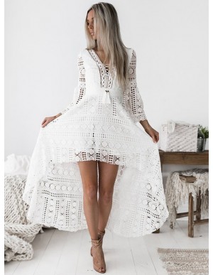 High Low V-Neck 3/4 Sleeves Short Gorgeous White Lace Prom Homecoming Dress