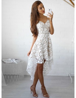 High Low Spaghetti Straps Gorgeous White Lace Homecoming Dress