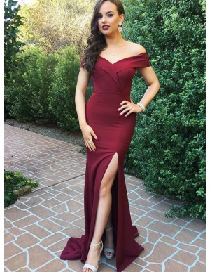 Mermaid Off-the-Shoulder Slit Legs Burgundy Prom Dress with Train