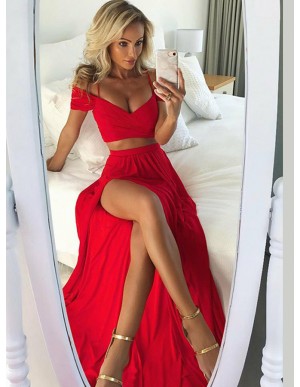 Spaghetti Straps Long Two Piece Prom Dress with Split Red Party Dress