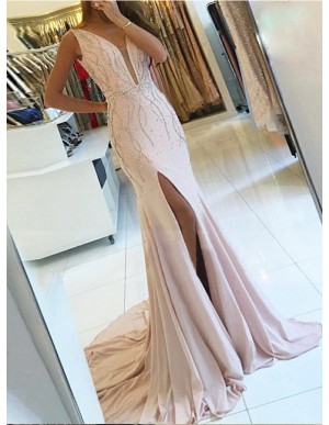 Mermaid V-Neck Slit Leg Beaded Pearl Pink Long Prom Dress