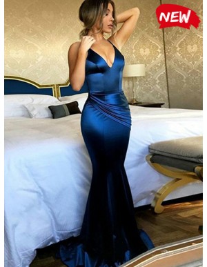 Mermaid Spaghetti Straps Ruched Royal Blue Sexy Prom Dress