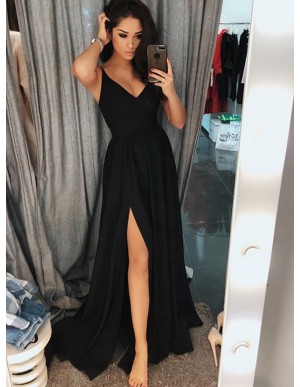 Simple A-Line Spaghetti Straps Long Black Prom Dress with Split