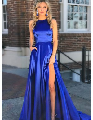 A-Line Crew Sweep Train Royal Blue Prom Dress with Pockets Split