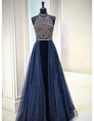 A-Line Halter Floor-Length Dark Blue Detachable Prom Evening Dress with Beading