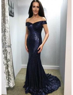 Mermaid Long Sequined Prom Dress Sparkle Off-the-Shoulder Navy Blue Evening Dress