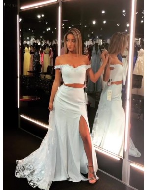 Two Piece Off-the-Shoulder Long Over Skirt Light Blue Prom Dress with Appliques Split