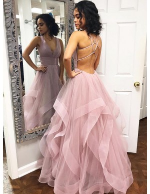 A-Line V-Neck Criss-Cross Back Floor-Length Pink Tiered Prom Dress