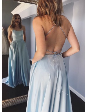 A-Line Spaghetti Straps Backless Sweep Train Light Blue Prom Dress with Pockets