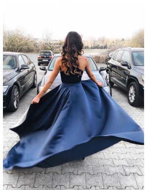 Long Halter Mermaid Party Dress Velvet Detachable Navy Blue Prom Dress