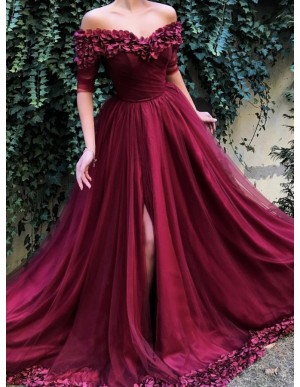 A-Line Off-the-Shoulder Half Sleeves Burgundy Long Prom Dress with Flowers Split