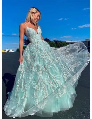 A-Line Spaghetti Straps Lace Up Floor-Length Light Blue Lace Prom Dress