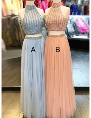 High Neck Peach Two Piece Prom Dress with Beading Long Blue Prom Gown