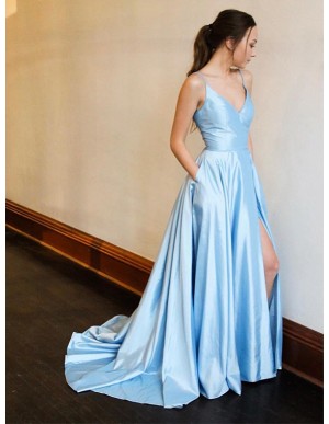 Spaghetti Straps Long Simple Prom Dress with Split Blue Party Dress