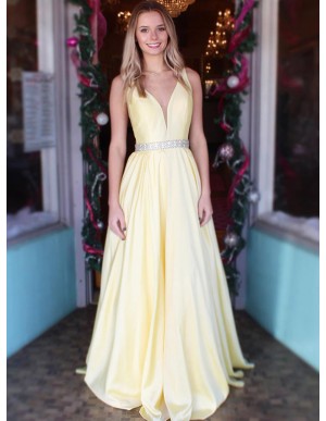 Simple V-Neck Daffodil Prom Dress with Beading Sleeveless Long Prom Gown