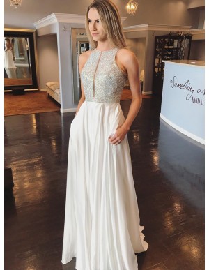 Elegant Jewel Open Back Sleeveless White Prom Dress with Sequin Pockets