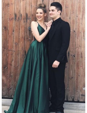 Spaghetti Straps Backless Sleeveless Simple Long Dark Green Prom Dress