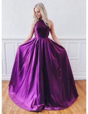 Modest A-Line Jewel Open Back Party Dress Purple Long Prom Dress