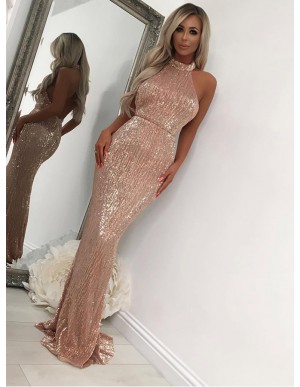 Elegant Mermaid Halter Rose Gold Prom Dress Backless Sequin Evening Dress