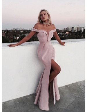 Beautiful Long Mermaid Pink Off-the-Shoulder Prom Dress with Split