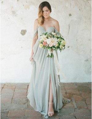 A-Line Off the Shoulder Backless Grey Bridesmaid Dress with Pleats