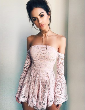 A-Line Off-the-Shoulder Long Sleeves Homecoming Dress Pearl Pink Lace Cocktail Dress